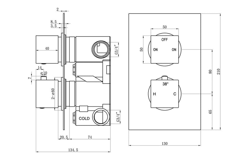 Harmony Amber Thermostatic Two Outlet Twin Shower Valve - Brushed Brass