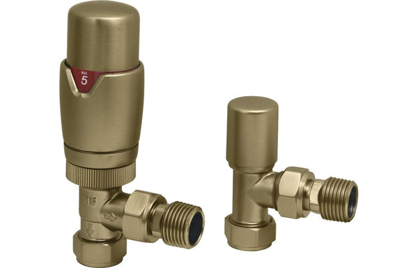 Harmony Round Thermostatic Brushed Brass Radiator Valves - Angled