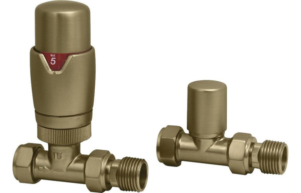 Harmony Round Thermostatic Brushed Brass Radiator Valves - Straight