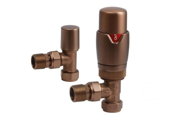 Harmony Round Thermostatic Brushed Bronze Radiator Valves - Angled
