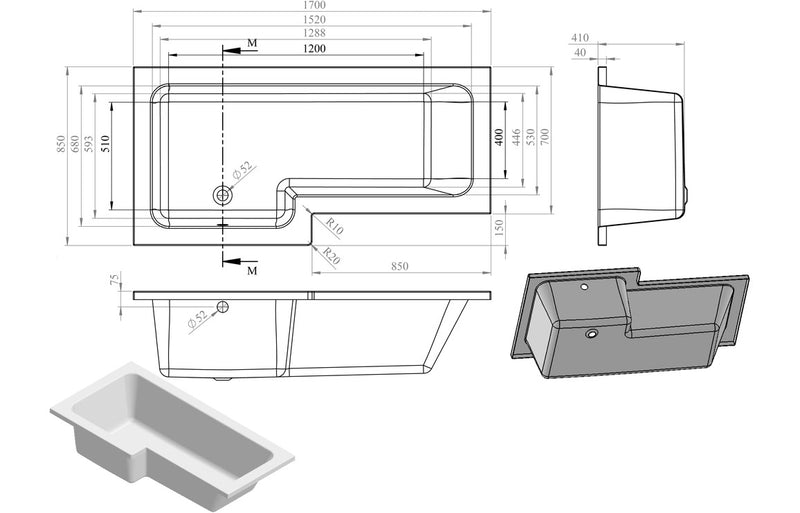 Harmony Medford L Shape 1700x850x560mm 0TH Shower Bath Pack (LH) - Matt Black