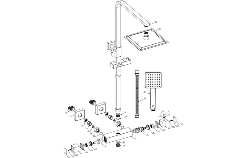Square Thermostatic Bar Mixer with Riser Kit - Chrome
