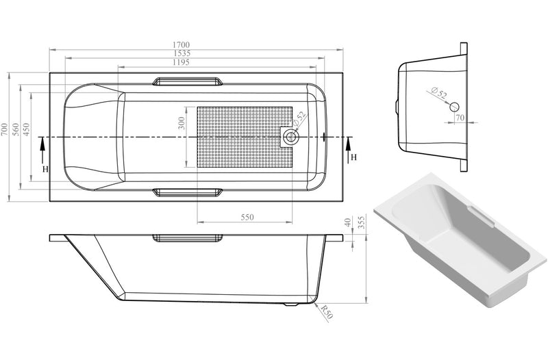 Zen Gripped 1700x700x550mm 0TH Bath with Legs