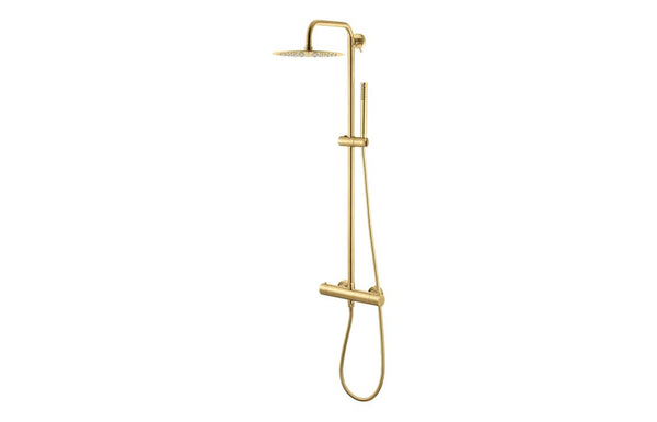 Vema Thermostatic Round Bar Valve with Fixed Head & Riser - Brushed Brass