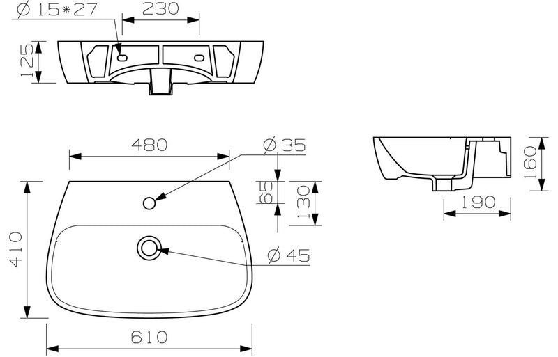 Cromwell 600x400mm 1TH Basin and Semi Pedestal