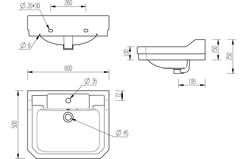 Ascot 600x500mm 1TH Basin and Full Pedestal