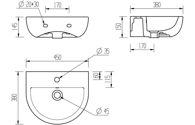 Galactic 450x400mm 1TH Cloakroom Basin and Black Bottle Trap