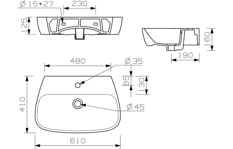 Martell 600x400mm 1TH Basin and Semi Pedestal