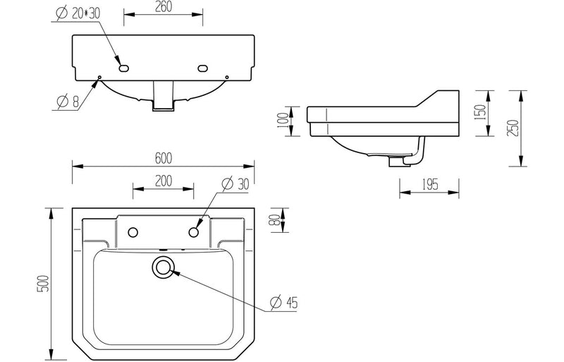 Ascot 600x500mm 2Th Basin and Full Pedestal