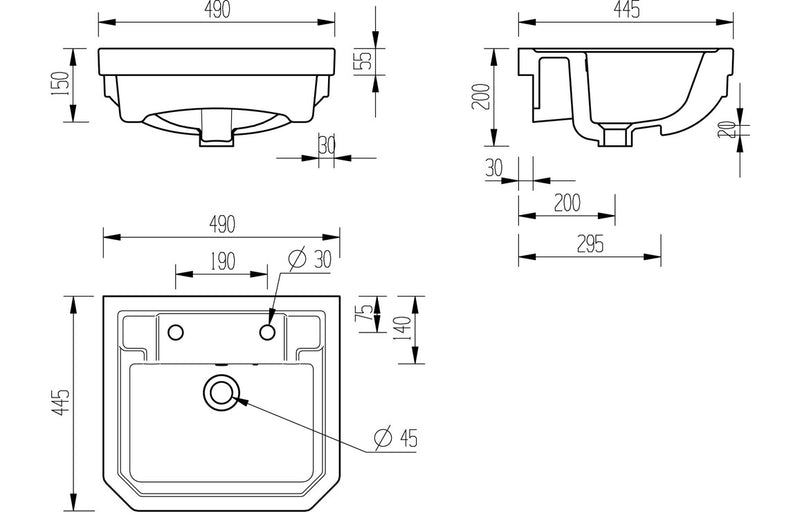 Ascot 495x445mm 2Th Semi Recessed Basin