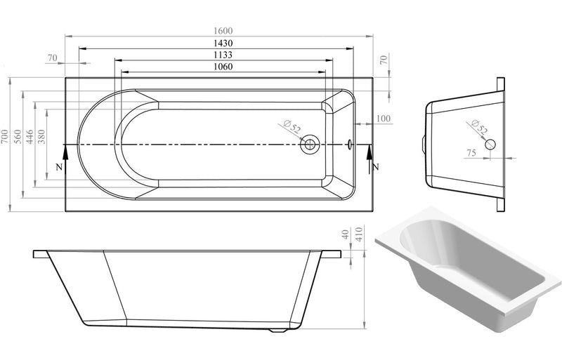 Arryn Round Single End Supercast 1600x700x550mm 0TH Bath with Legs