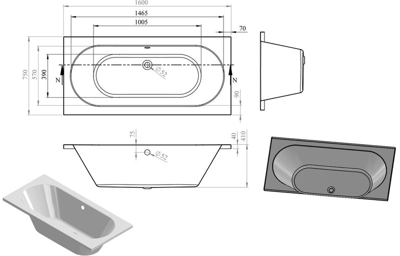 Arryn Round Double End 1600x750x550mm 0TH Bath with Legs