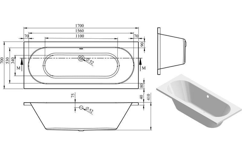 Arryn Round Double End Supercast 1700x700x550mm 0TH Bath with Legs