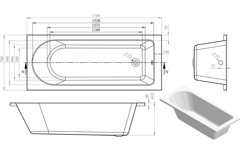 Arryn Round Single End Supercast 1700x700x550mm 0TH Bath with Legs
