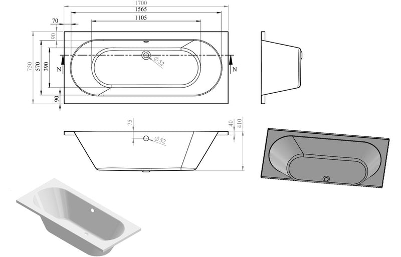 Arryn Round Double End Supercast 1700x750x550mm 0TH Bath with Legs