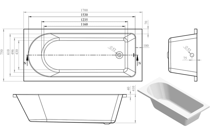 Arryn Round Single End Supercast 1700x750x550mm 0TH Bath with Legs