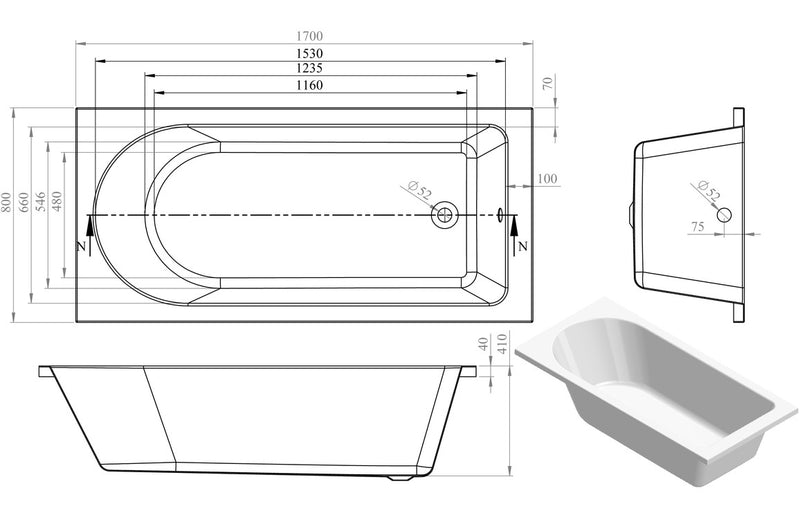 Arryn Round Single End 1700x800x550mm 0TH Bath with Legs