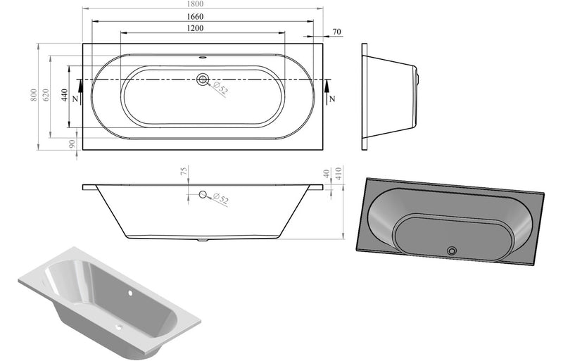 Arryn Round Double End 1800x800x550mm 0TH Bath with Legs