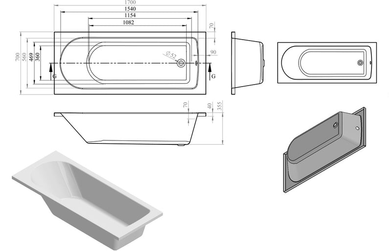 Milano D Shape Single End 1700x700x550mm 2TH Bath with Legs