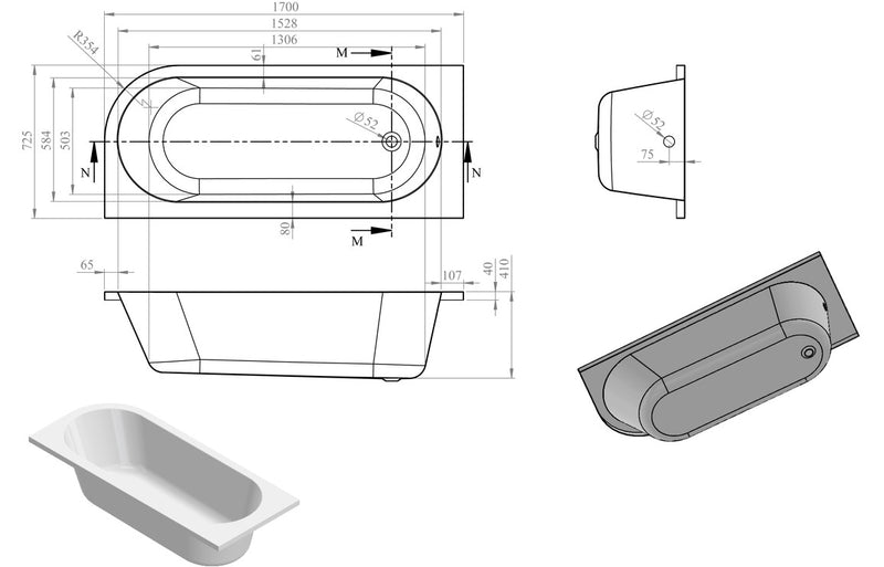 Essence J Shape 1700x725x600mm 0TH Bath with Legs - Left Hand