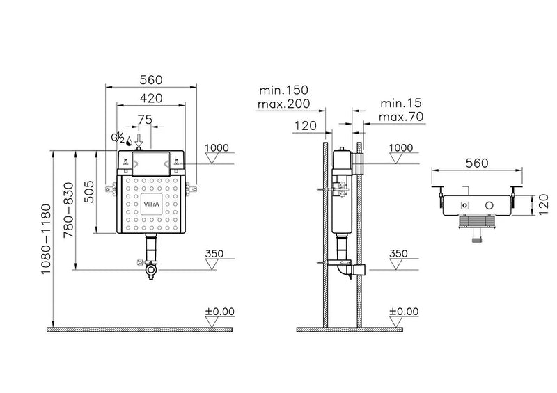 VitrA V-Fix Prime Back to Wall 12cm 3/6L Concealed Cistern